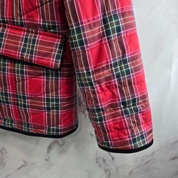 Talbots Jacket Womens Large Red Navy Plaid Corduroy Puffer Shacket Button Snap - Picture 4 of 12
